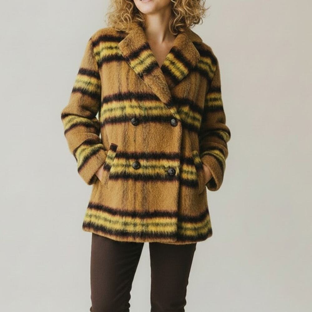 Vigoss Pea Coat Tan Plaid Striped Double Breasted Brushed Women's Size S NWT
